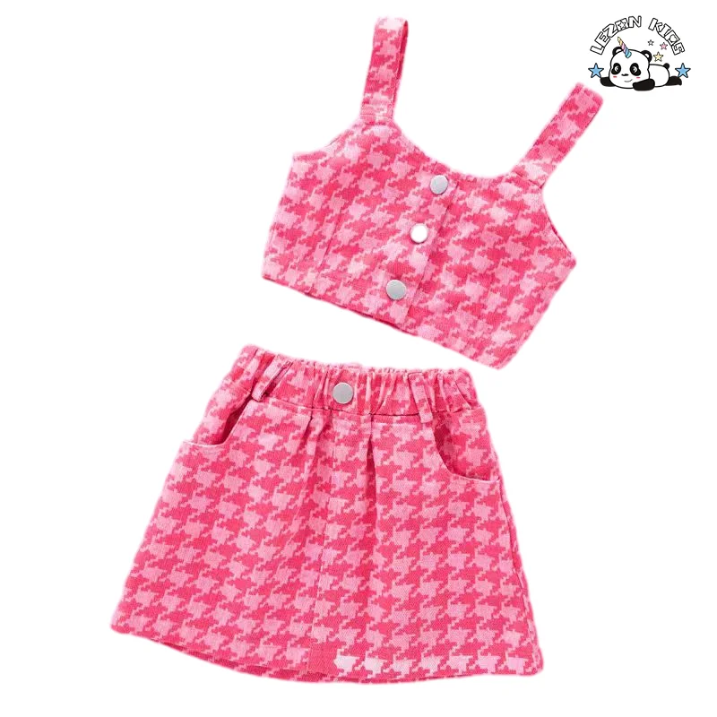 LEZONKIDS - Atacado de Alta Qualidade Conjunto de Roupas de Meninas Personalizadas com Alças de Espaguete e Botões e Saia com Bolsos